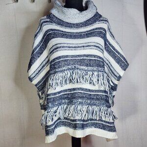 Linda Anderson Blue White Stripe Boho Acrylic Poly Fringe Turtleneck Poncho OSFM